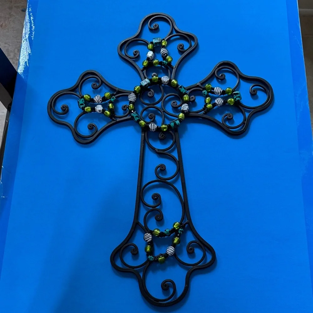 Decorative Black Metal Wall Cross with Beads